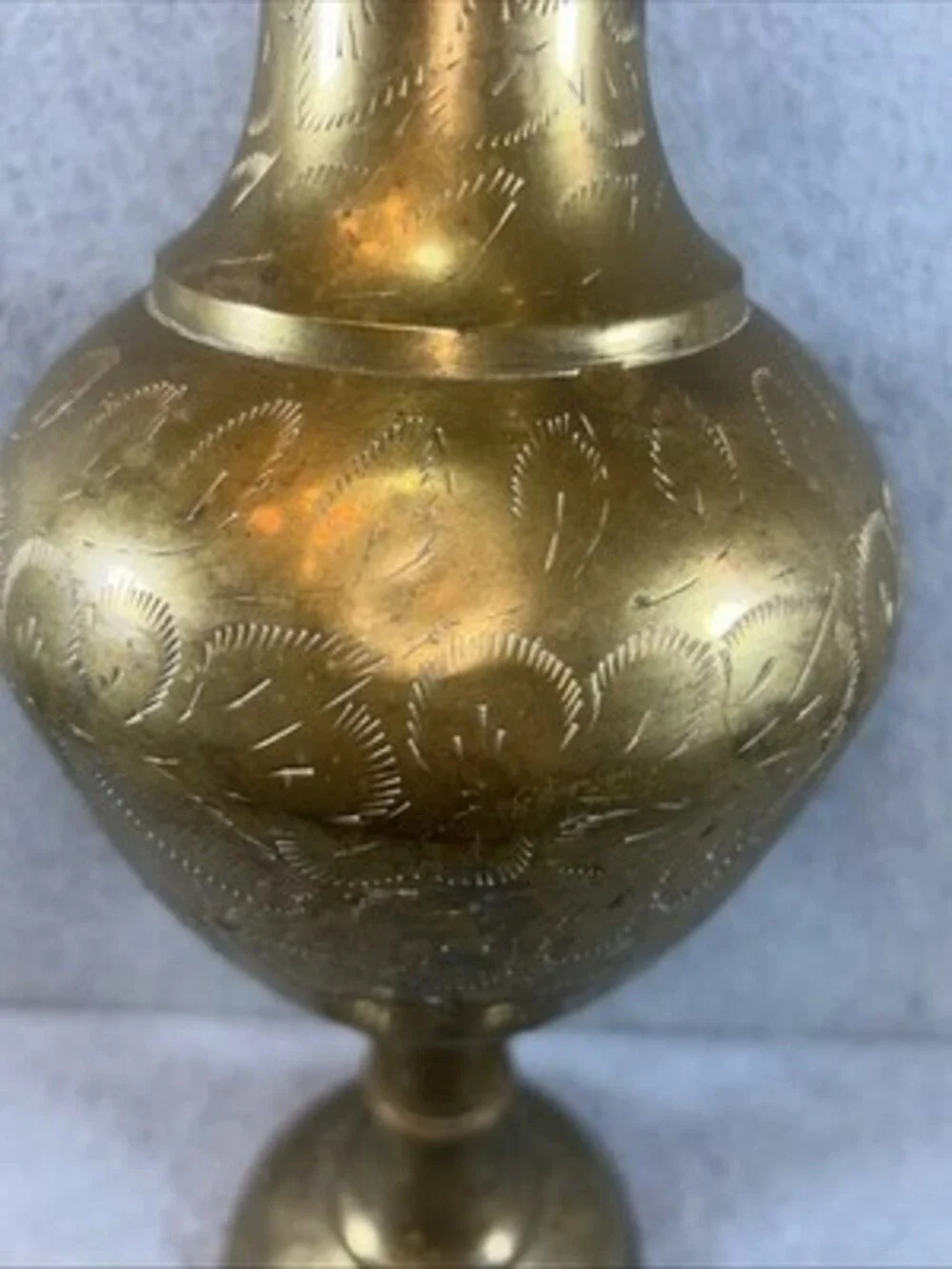 Vintage Etched Solid Brass Vase Fluted Ruffled Trim Made In India 16.5  Tall